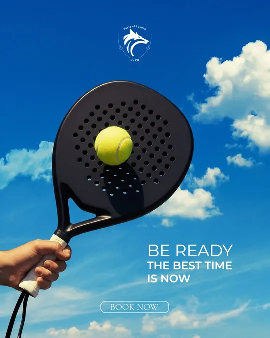 Padel racket and ball against a blue sky, LUPO Be Ready artwork