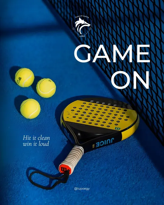 Yellow padel racket and balls beside the net on a blue court, LUPO Game On artwork