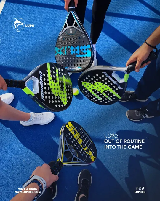 Four players bringing their rackets together on a blue court, LUPO Out of Routine artwork