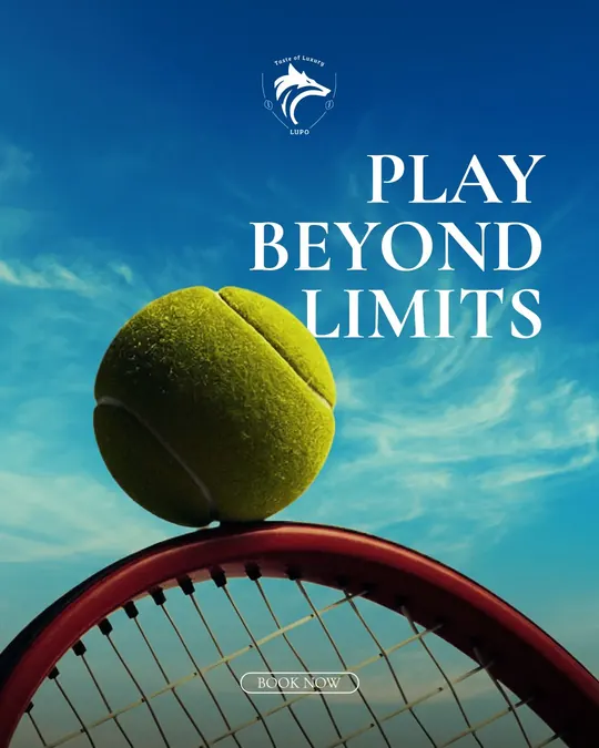 A ball balanced on a racket against the sky, LUPO Play Beyond Limits artwork